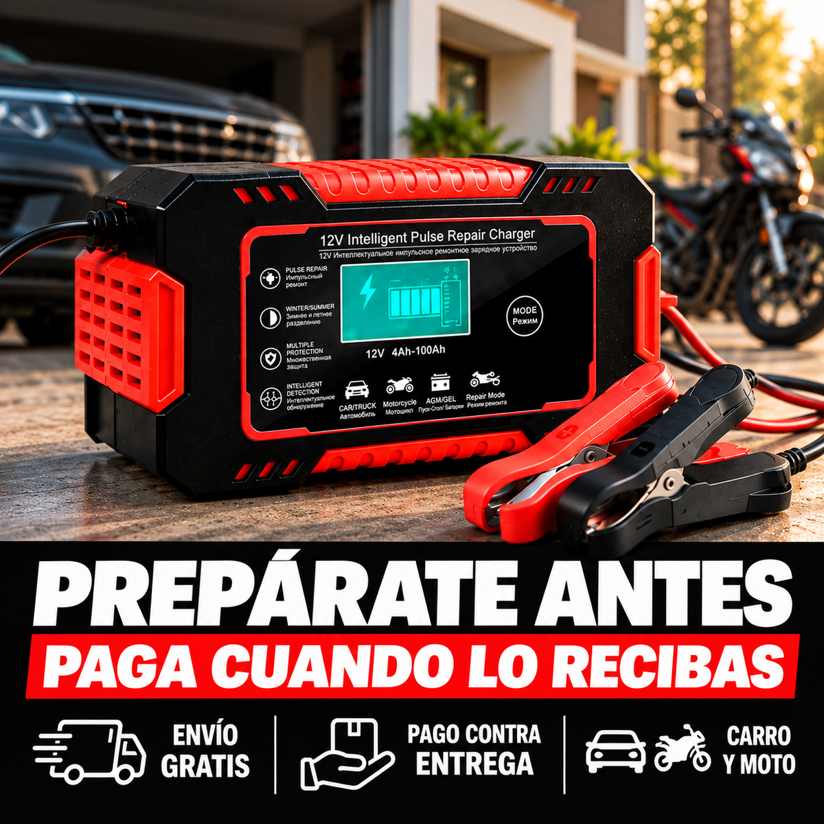 Cargador Inteligente 12V para Carro y Moto | Cuida y Recupera tu Batería
